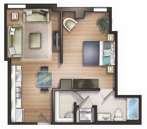 Floor plan for 1 bed, 1 bath, 685 sqft